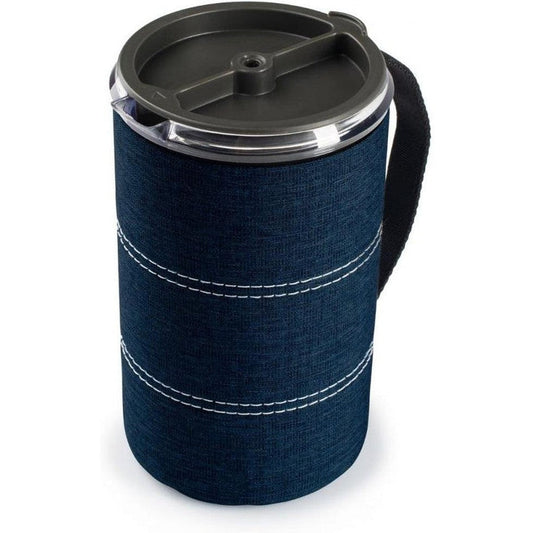 A front view of the GSI Outdoors Javadrip 30 Oz in Blue showing the denim sleeve and charcoal lid against a white background.