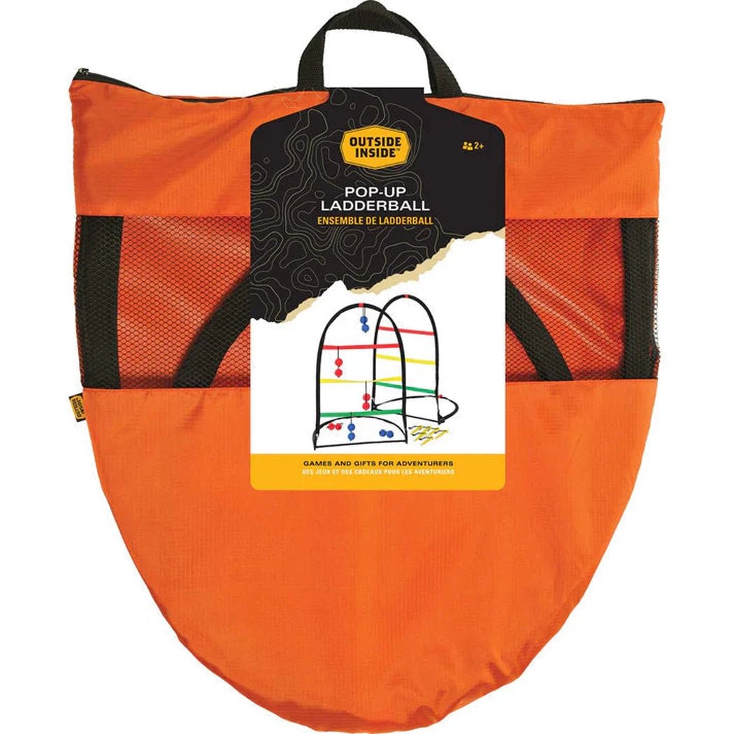 An orange GSI Outdoors Pop-up Ladderball in its carry bag with black mesh pockets and a handle.