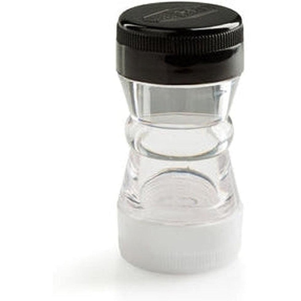 A clear GSI Outdoors Salt + Pepper Shaker with a black top and white bottom sits against a white background.