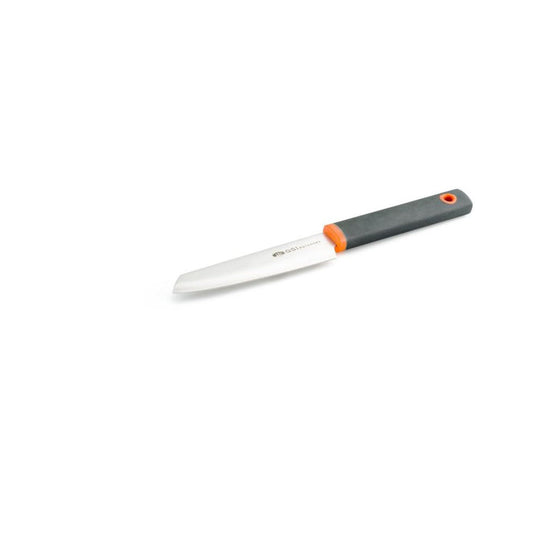 A side view of the GSI Outdoors Santoku 4" Paring Knife with a charcoal/gray handle and orange accents against a white background.