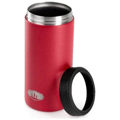 Side view of the GSI Outdoors Slim Can Cozy in Blue Aster showing the black lid next to it against a white background.
