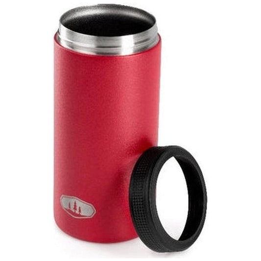 Side view of the GSI Outdoors Slim Can Cozy in Blue Aster showing the black lid next to it against a white background.