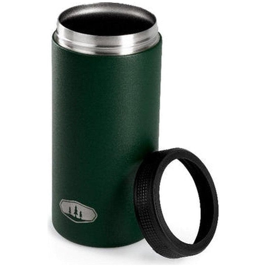 A side view of the GSI Outdoors Slim Can Cozy in Blue Aster showing the black lid and a white background.