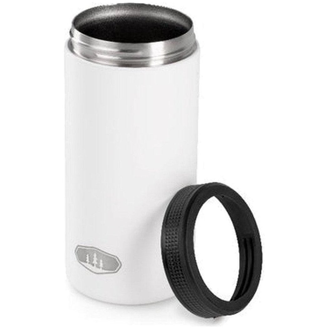 A white GSI Outdoors Slim Can Cozy with a black lid sits on a white background.