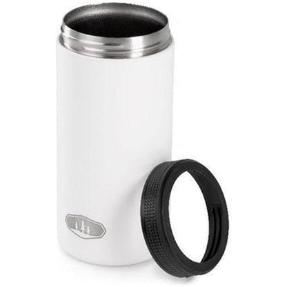 A white GSI Outdoors Slim Can Cozy with a black lid sits on a white background.