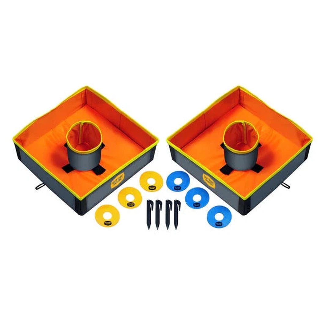 Two GSI Outdoors Travel Washer Toss game sets with orange and charcoal frames, yellow and blue washers, and black stakes on a white background.
