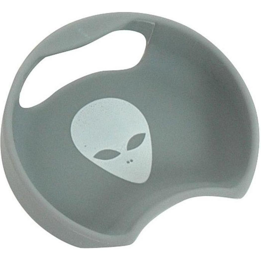A gray Guyot Designs Splashguard Universal with an alien face design and a handle cutout.