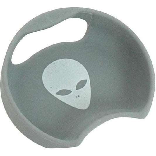 A gray Guyot Designs Splashguard Universal with an alien face design and a handle cutout.