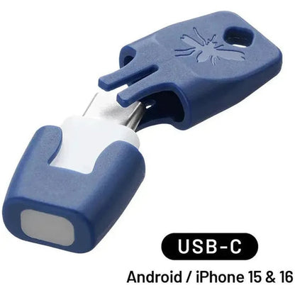 A blue and white Heat It Classic USB-C device with a lightning connector, designed for iPhone 6s - 14, shown from a side angle against a white background.