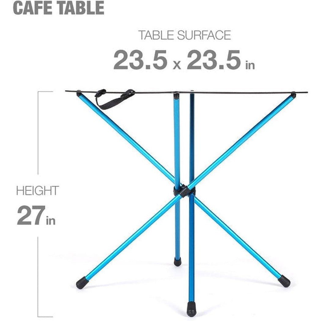 Top-down view of the Helinox Cafe Table showing its blue metal frame and 23.5 x 23.5 inch table surface.