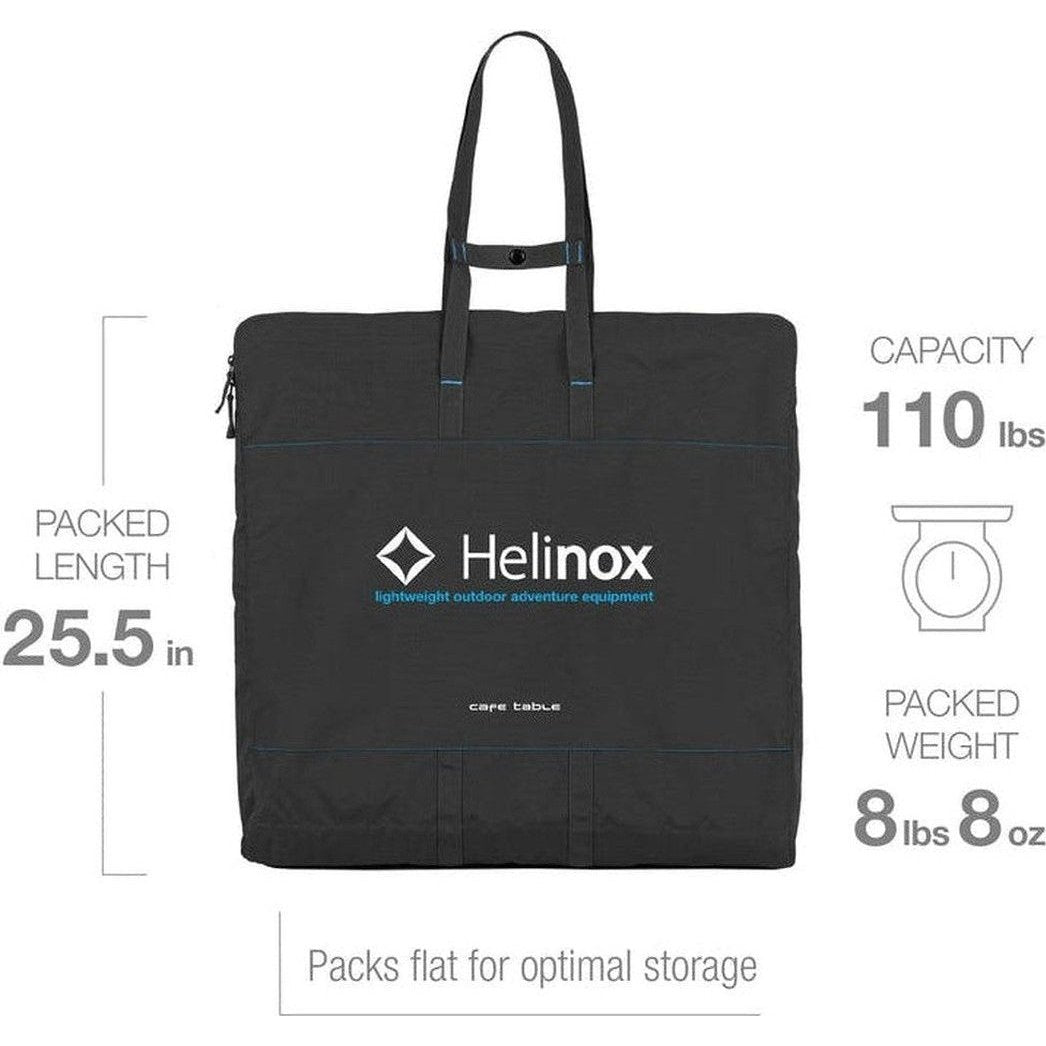 A front view of the black Helinox Cafe Table camping table showing its packed length and capacity details.