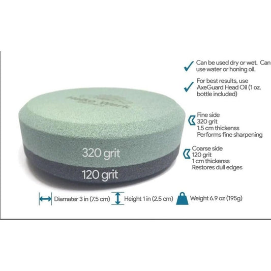 A top-down view of the Helko Werk Axe Sharpening Stone showing its 320 and 120 grit sides, dimensions, and weight info against a white background.