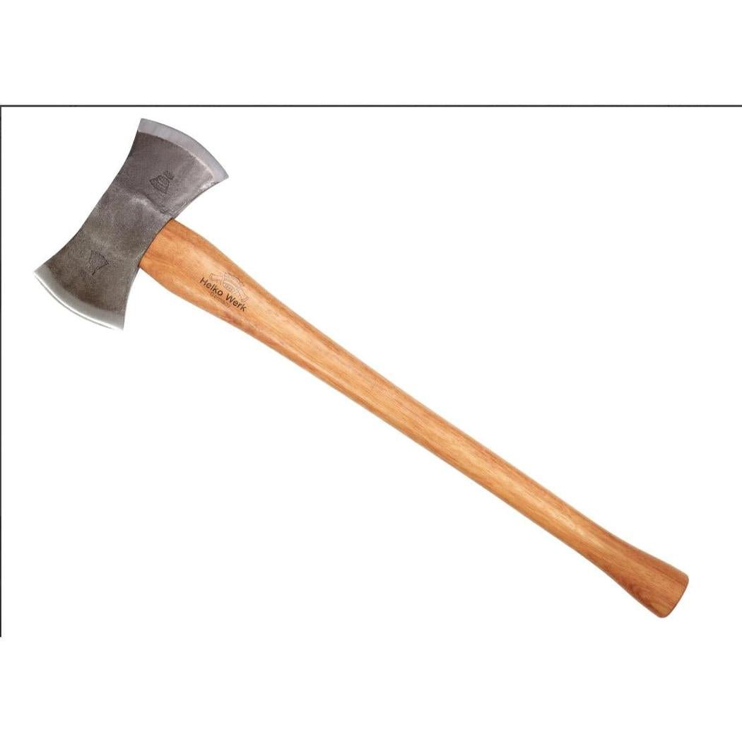 A side view of the Helko Werk Berlin Double Bit axe with a natural wooden handle against a white background.