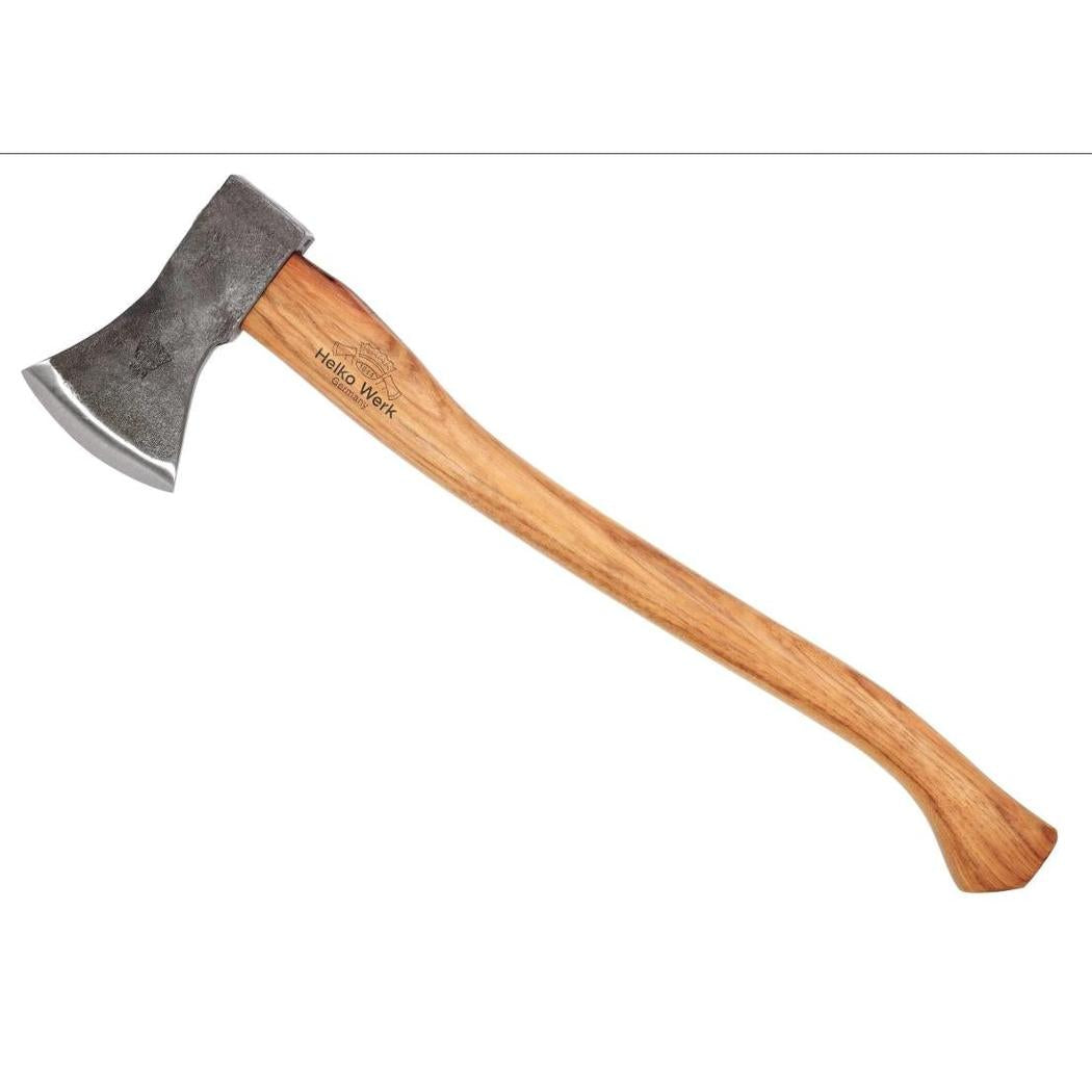 A side view of the Helko Werk Black Forest Woodworker axe with a natural wood handle and charcoal/gray metal head against a white background.