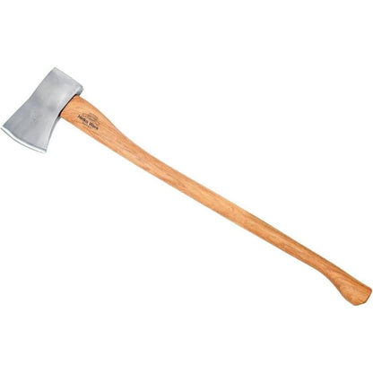 A side view of the Helko Werk Expedition axe with a wooden handle and metal head against a white background.