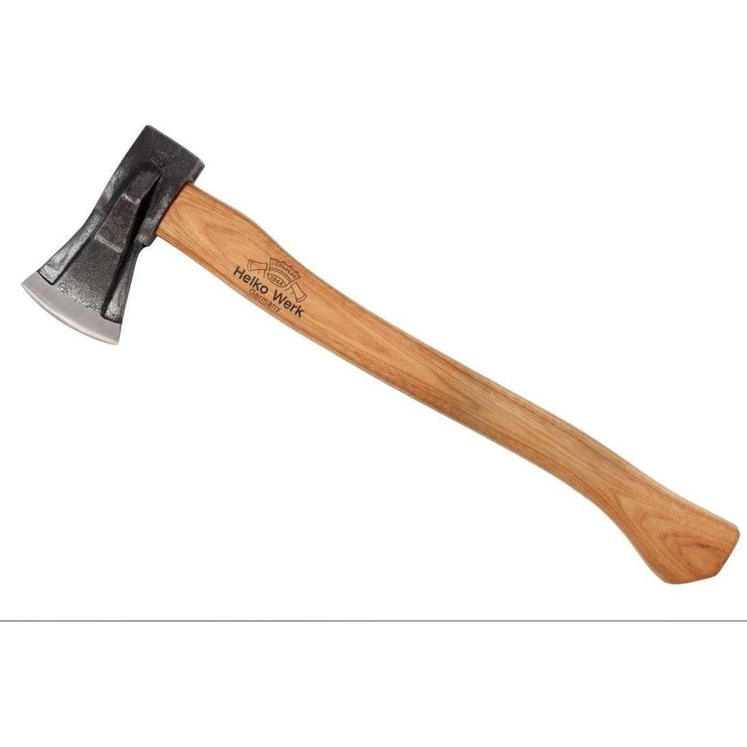 A side view of the Helko Werk Heidelberg Mini Spalter axe with a wooden handle and black head against a white background.