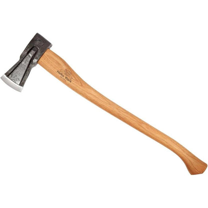 A side view of the Helko Werk Palatine Spaltaxt with a natural wooden handle and charcoal/ graphite axe head against a white background.