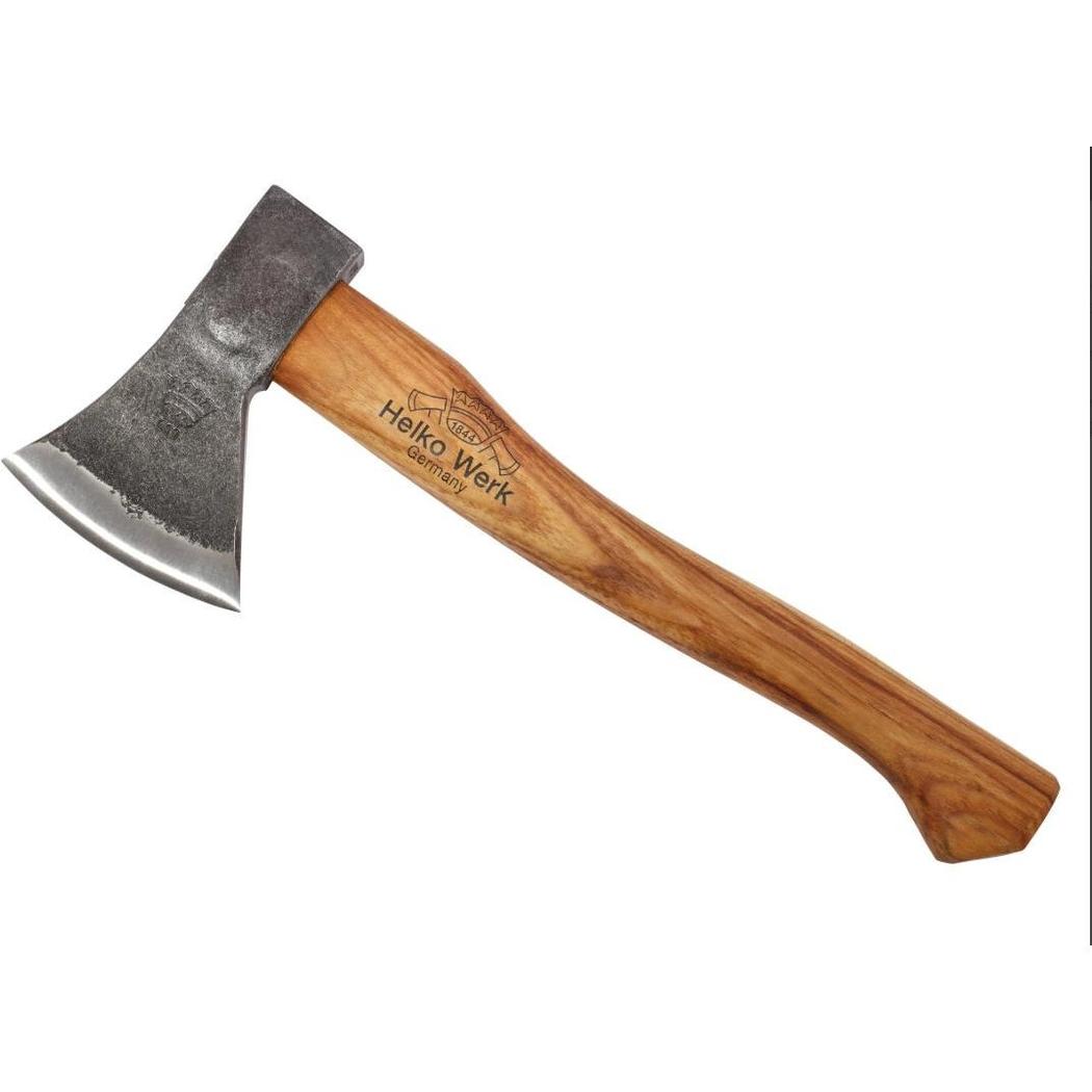 A side view of the Helko Werk Rheinlander Hatchet with a natural wood handle and charcoal-colored metal head against a white background.