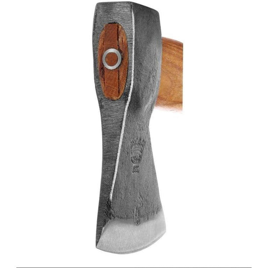 A close-up of the Helko Werk Rheinlander Hatchet showing its charcoal/gray metal head and wooden handle against a white background.