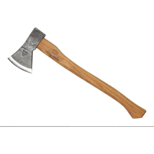 A side view of the Helko Werk Rheinlander Pack Axe with a wooden handle and metal head against a white background.