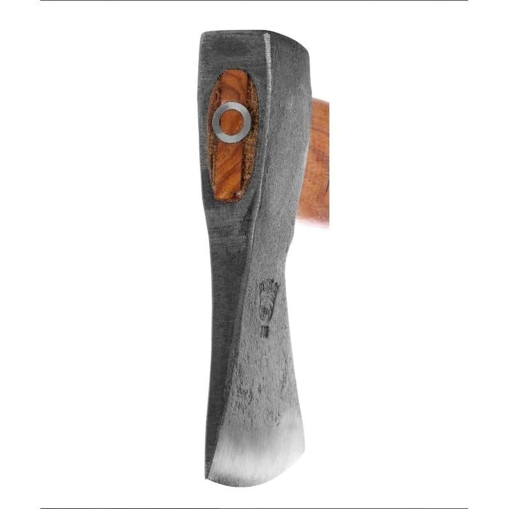 A close-up of the Helko Werk Rheinlander Pack Axe showing the charcoal/gray head, wooden handle, and a logo on the blade against a white background.