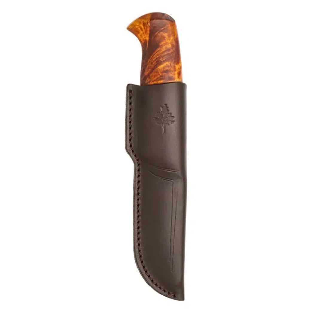 A side view of the Helle Audun - 2024 LTD knife in a dark brown leather sheath with a tree logo, against a white background.