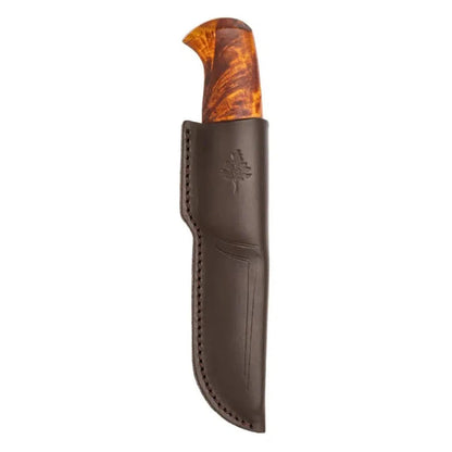 A side view of the Helle Audun - 2024 LTD knife in a dark brown leather sheath with a tree logo, against a white background.