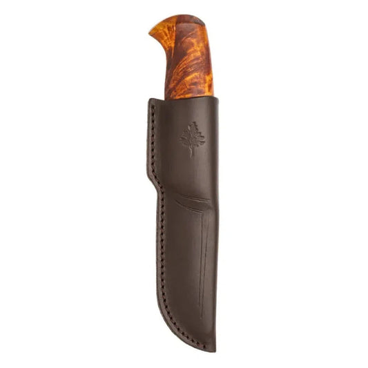 A side view of the Helle Audun - 2024 LTD knife in a dark brown leather sheath with a tree logo, against a white background.