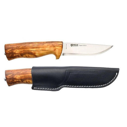 A top-down view of the Helle Eggen 12C27 knife with its black sheath, showing the wooden handle and stainless steel blade.