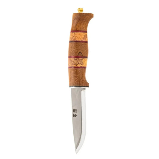 A side view of the Helle Harding Rubin Knife - 2026 Ltd Edition with a wooden handle and a silver blade against a white background.