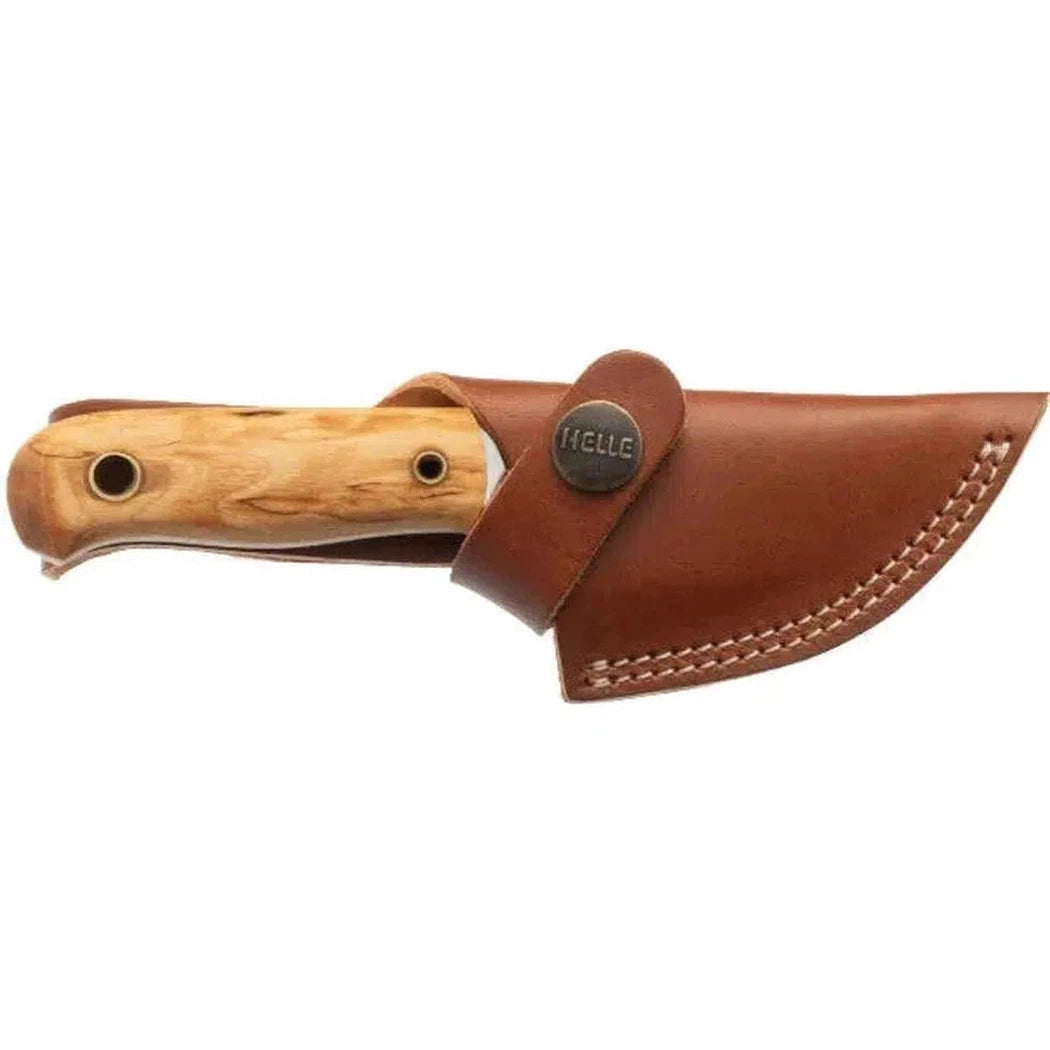 A side view of the Helle Mandra FG knife with a natural wood handle and brown leather sheath against a white background.