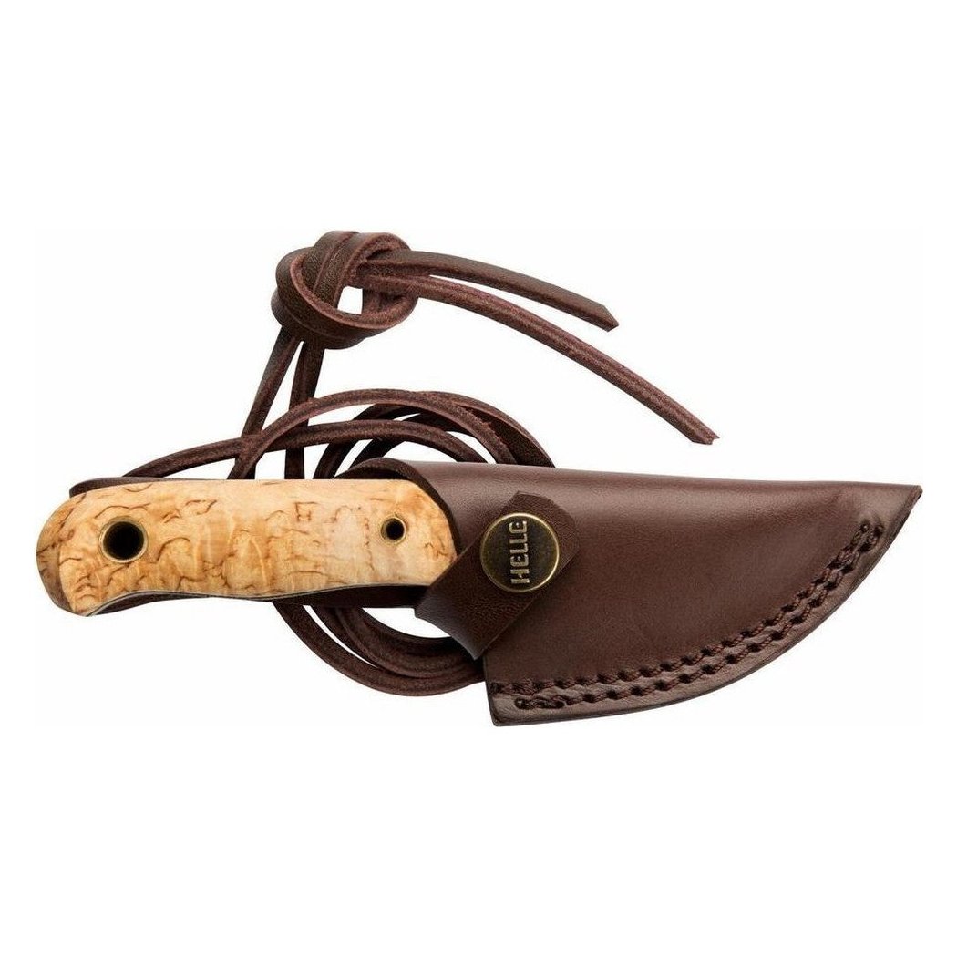 A side view of the Helle Mandra knife with a natural wood handle and brown leather sheath against a white background.