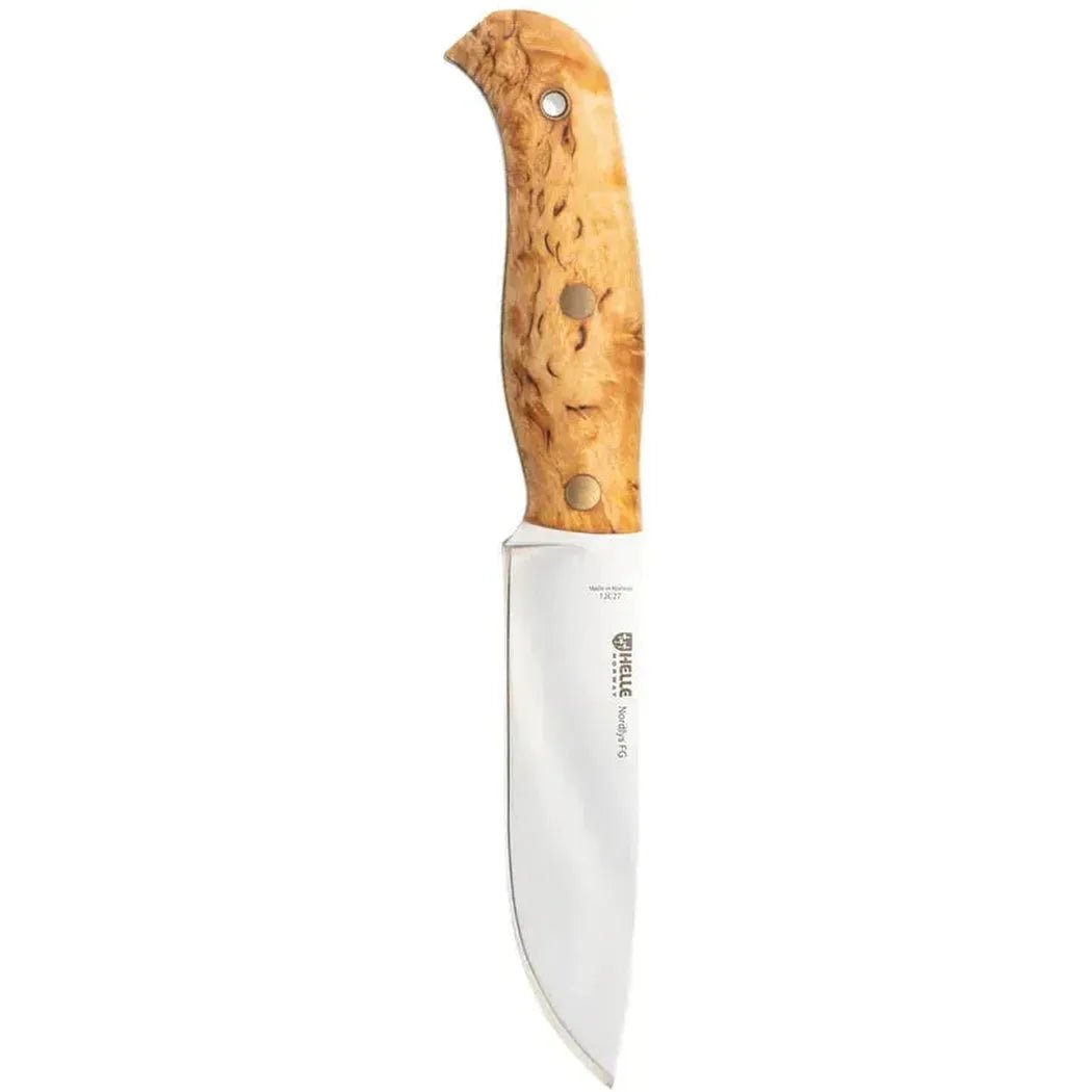A side view of the Helle Nordlys FG knife with a natural wood handle and a white blade, displayed against a plain white background.