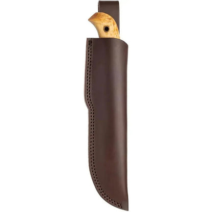 A side view of the Helle Nordlys FG knife in a dark brown leather sheath against a white background.