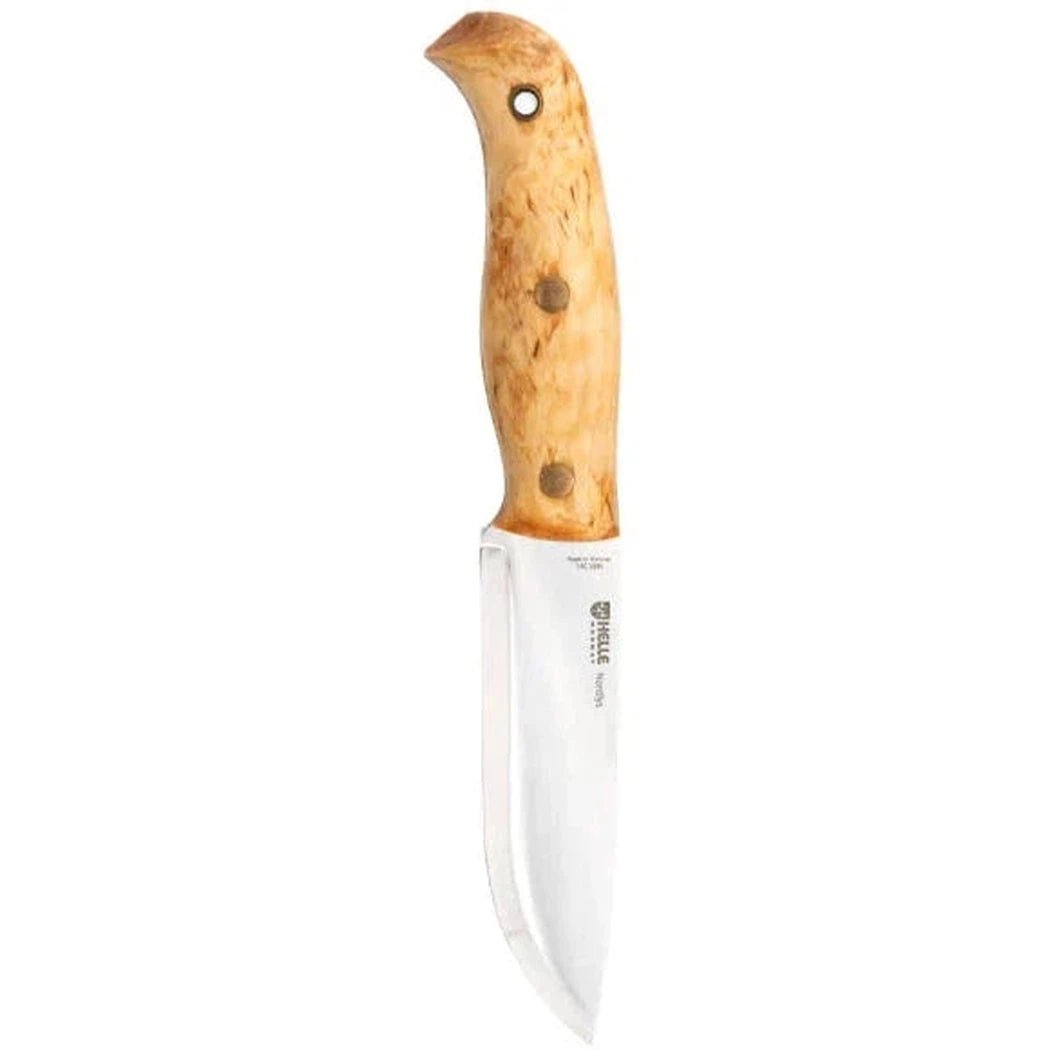 A side view of the Helle Nordlys knife with a natural wood handle and white blade against a white background.