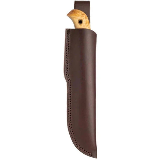 A brown leather sheath for the Helle Nordlys knife, showing the wooden handle and stitching detail against a white background.