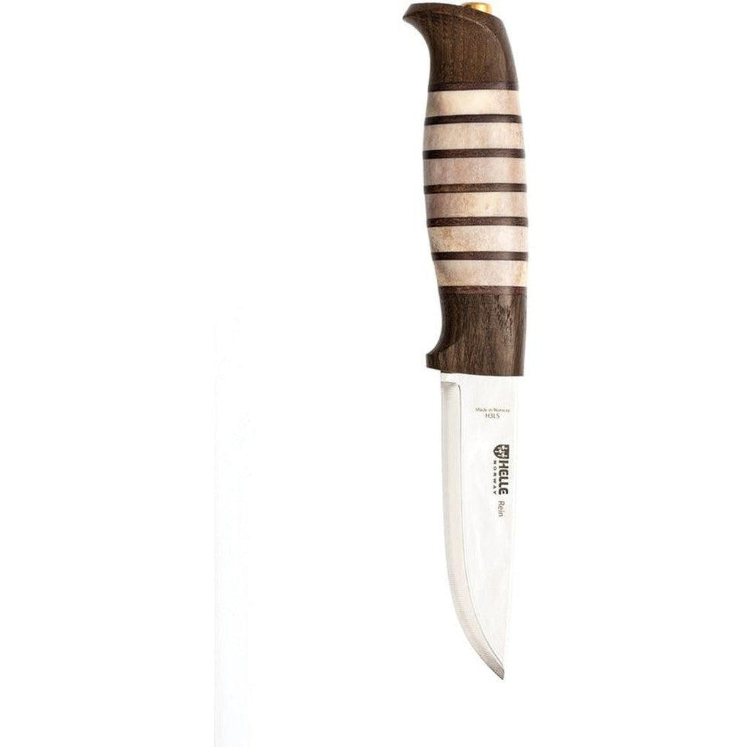 A side view of the Helle Rein knife with a dark wood and light striped handle against a white background.