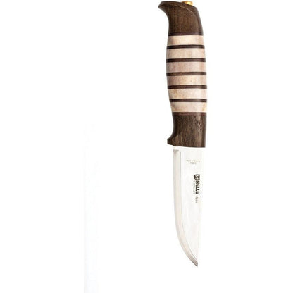 A side view of the Helle Rein knife with a dark wood and light striped handle against a white background.