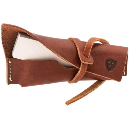 A brown leather holster for the Helle Sharpening Stone S, showing the stone inside and a strap closure against a white background.