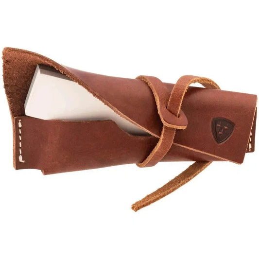 A brown leather holster for the Helle Sharpening Stone S, showing the stone inside and a strap closure against a white background.