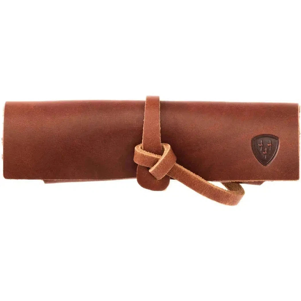 A brown Helle Sharpening Stone S with Leather Holster shown from the front with a strap and logo on a white background.
