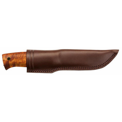 Side view of the Helle Temagami Carbon knife with a brown leather sheath and wooden handle against a white background.