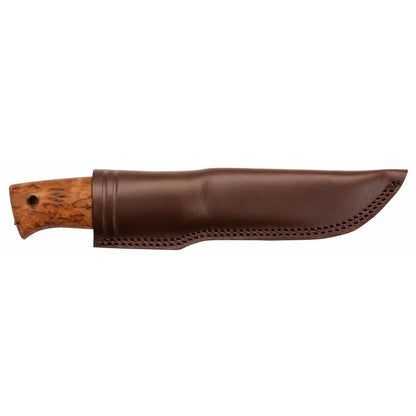 A side view of the Helle Temagami Laminated knife in brown leather sheath with a wooden handle against a white background.