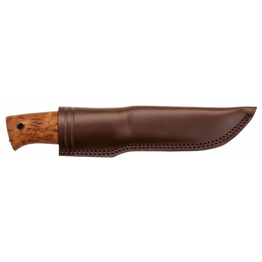 A side view of the Helle Temagami Laminated knife in brown leather sheath with a wooden handle against a white background.