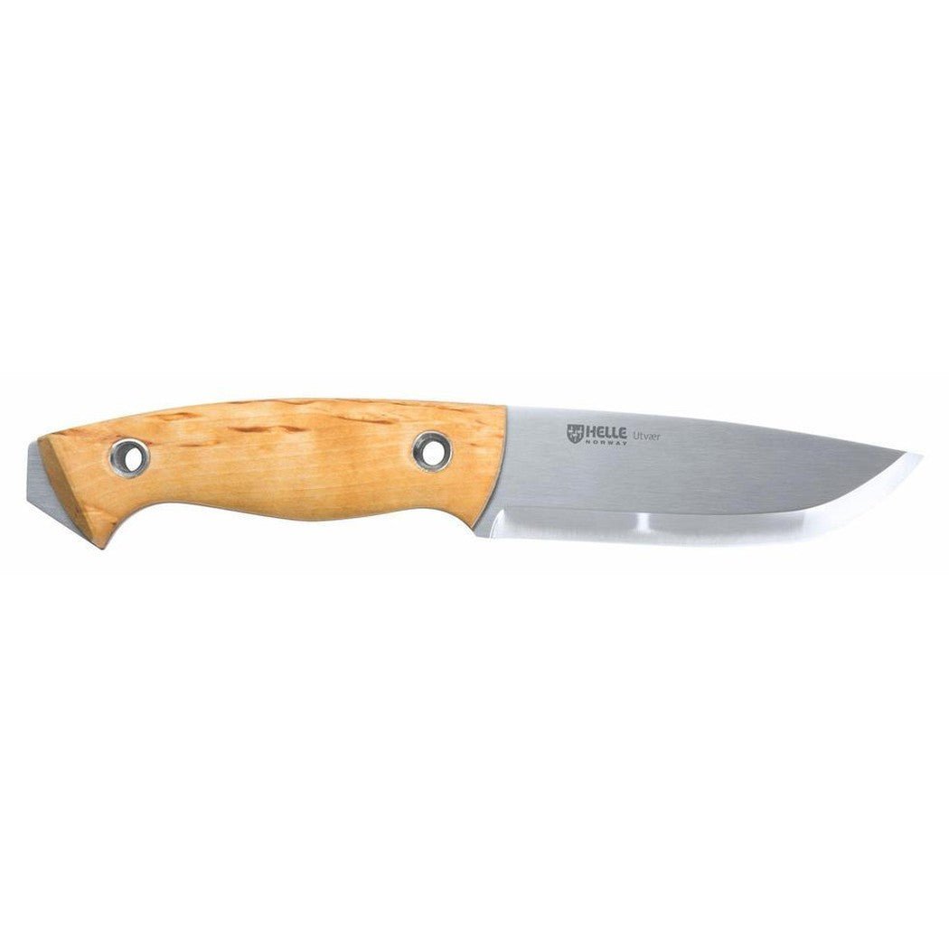 A side view of the Helle Utvaer knife with a natural wood handle and stainless steel blade against a white background.