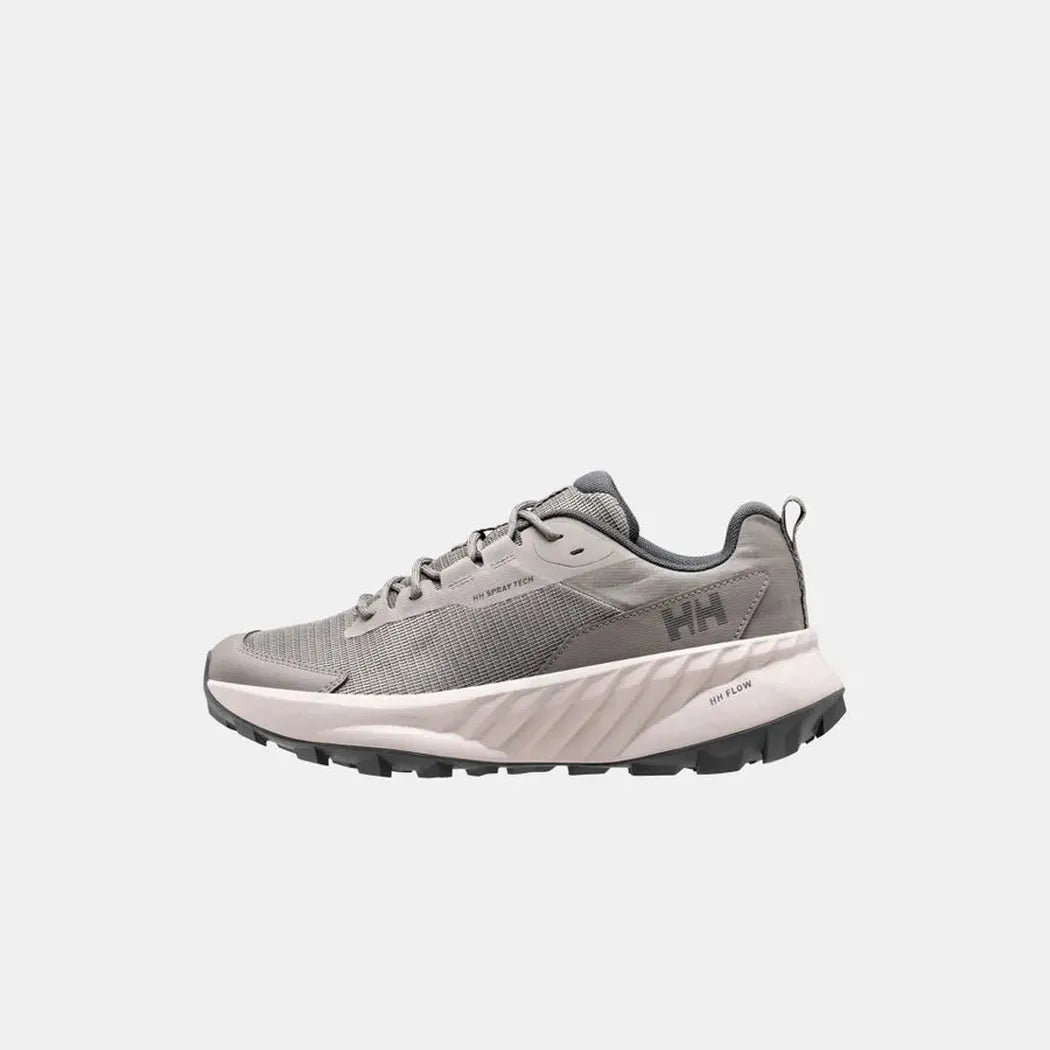 Side view of the Helly Hansen Men’s AWE Hiker DWR Shoes in Concrete/Mellow Grey with a white midsole and black outsole against a plain white background.