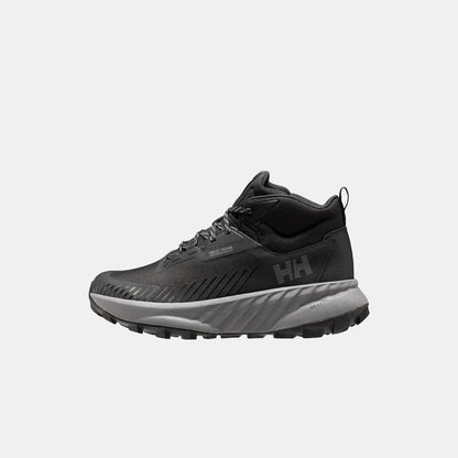Side view of the Helly Hansen Men's AWE Hiker Mid HELLY TECH Boots in Black/Quiet Shade with a thick gray midsole against a white background.