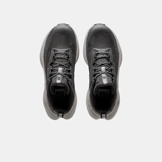 Top view of the Helly Hansen Men's AWE Hiker Mid HELLY TECH Boots in Black/Quiet Shade against a white background.