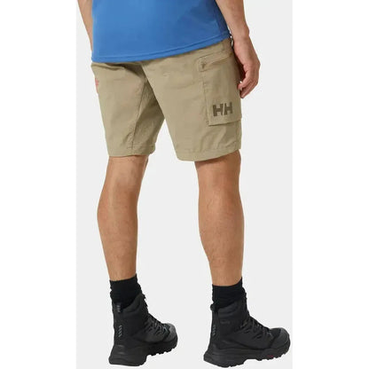 Back view of the Helly Hansen Men's Brono Softshell Shorts in Pebble showing the cargo pocket with HH logo and black boots against a white background.