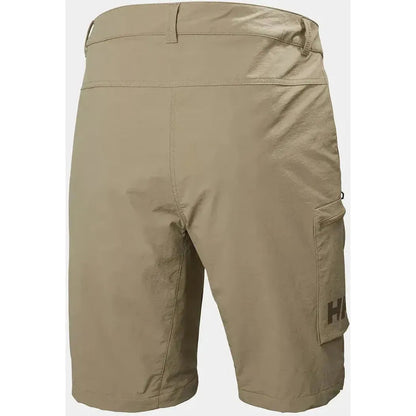 Side view of the Helly Hansen Men's Brono Softshell Shorts in Pebble showing the cargo pocket with the Helly Hansen logo.